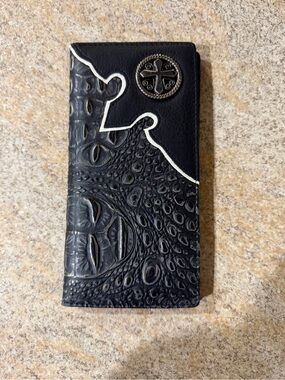 Men's Black Embossed Leather Long Wallet with Metal Emblem